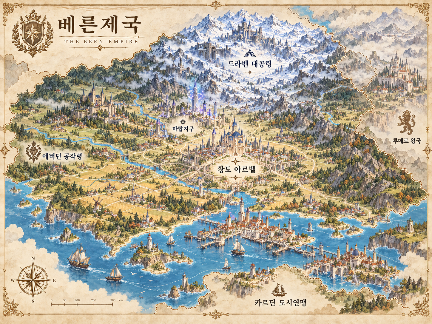 황도 아르벨, 에버딘 공작령, 드라벤 대공령 등이 표시된 베른제국 세계지도